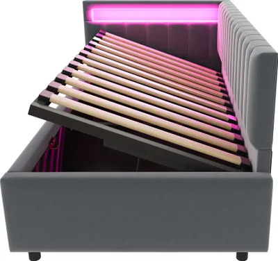 Produktbild von STILVORA Polsterbett Daybett 90x200cm Schlafsofa mit LED & hydraulischem Stauraum,Seitliches Kopfteil austauschbar,Samtstoff,Dunkelgrau（ohne Matratze）