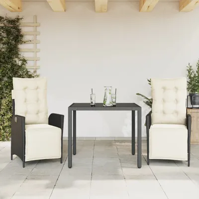 Produktbild von Design 3-tlg. Garten-Essgruppe mit Kissen Schwarz Poly Rattan, Gartenmöbel-Sets 2024 Neu