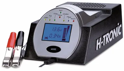 A car battery charger is shown in a studio setting against a white background.