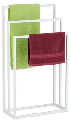 Image de Porte-serviettes Relaxdays, 3 barres, acier, H x L x P : 82,5 x 46 x 21 cm, porte-serviettes de douche sur pied pour la salle de bains, blanc