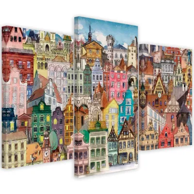 Produktbild von Triptychon auf leinwand fröhliche stadt 90x60 cm Feeby farbe wandbild bereit zum aufhängen
