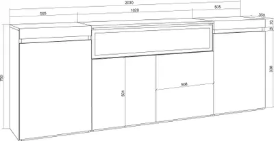 A technical drawing/diagram of a sideboard with dimensions.