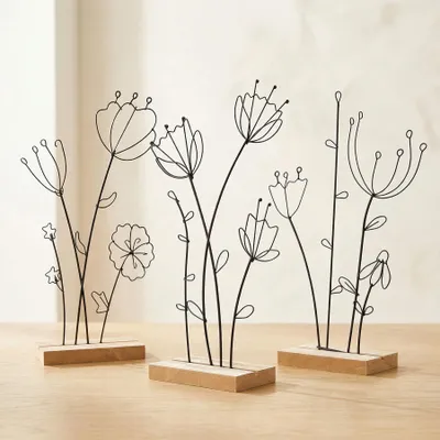 Produktbild von 3er Set Aufsteller Blume Metall MDF Schwarz Natur Draht Deko Tischdeko Drahtblume Frühling Figur Wohndeko