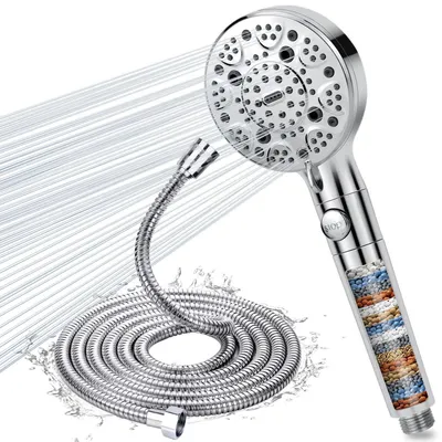 Productafbeelding van Douchekop met slang, 2 meter lang, met 15-laags filter, 9 straalpatronen, stopfunctie, hoge druk, waterbesparend, kalkfilter, chroom zilver