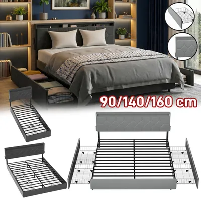 Obrázek produktu pro YARDIN Stabilní rám postele 140 x 200 cm, světle šedý, čalouněná velurová postel s výsuvnými úložnými zásuvkami