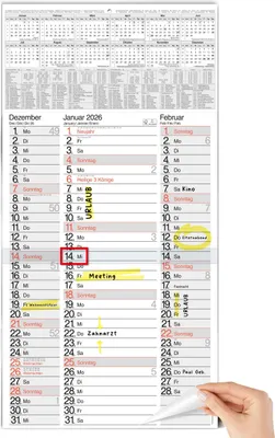 Produktbild von 3 Monatskalender 2026 Wandkalender mit Schieber - "Nebeneinanderliegende Monate" Kalender 2026 Wandkalender | Platz für Termine, Geburtstage & Urlaube | Großformat 30x59 cm (gefalzt!)