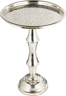 Produktbild von Marokkanischer Runder Tisch Couchtisch Fasla ø 38cm rund | Orientalischer Wohnzimmertisch mit klappbaren Vintage Gestell aus Messing | Beistellisch ist aus Messing in Silber