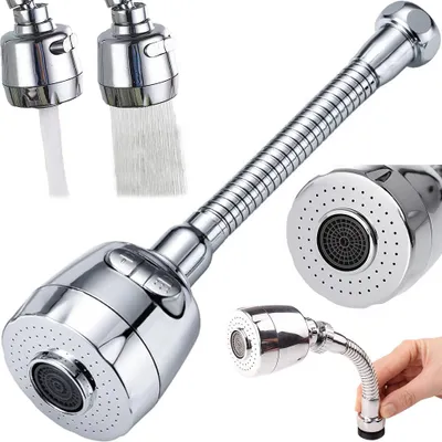 A collage of images showing a flexible faucet extender with different spray patterns and a hand holding it.