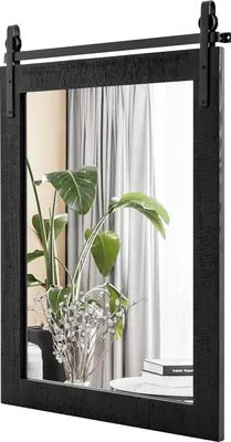 A black wooden framed mirror with a sliding barn door mechanism is shown. Inside the mirror, a plant in a vase and a stack of books are reflected.