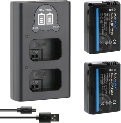 Produktbild von 2x Akku + LCD Lader für Sony NP-FW50 Alpha 6000 6500 7R II NEX 7 RX10 1030 mAh