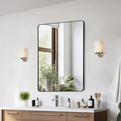 Zdjęcie produktu dla VEVOR lustro ścienne lustro do makijażu lustro łazienkowe 915 x 610 x 25 mm prostokątne lustro, czarna rama ze stopu aluminium z uchwytem w kształcie litery Z