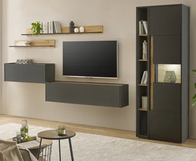 Produktbild von Wohnwand mit Sekretär in grau und Eiche, Wohnkombination Center 6-teilig 340 cm