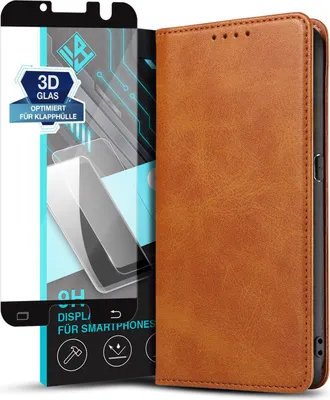 Produktbild von Handyhülle für Samsung Galaxy S7 mit 9H Displayglas Kunstleder Flip Cover Hülle Handytasche Case Kartenfach Farbe: Hellbraun