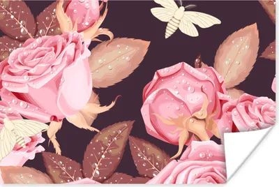 Produktbild von MuchoWow® Poster Rosen - Schmetterlinge - Rosa - Weiß 60x40 cm - Schlafzimmerdekoration