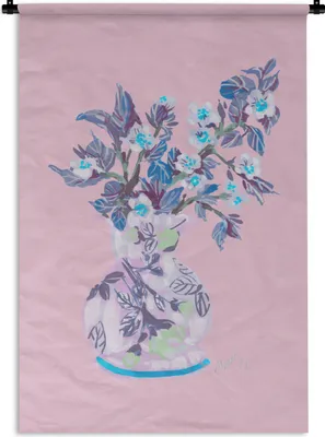 Produktbild von MuchoWow® Wandteppich Wandbehang Blumen - Vase - Rosa - Pflanzen 90x135 cm Tapisserie Dekoration Wandtuch - Baumwolle - Wandskulptur