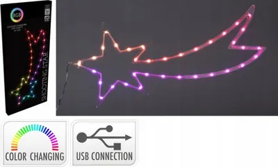 A product image showing a shooting star-shaped light decoration with RGB color-changing LEDs, along with its packaging and feature icons.