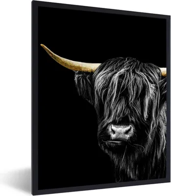 Produktbild von MuchoWow® Gerahmtes Poster Schottischer Highlander - Horn - Gold 60x80 cm - Poster mit Schwarzem Bilderrahmen Wandposter Rahmen Foto Bilder - Premium - Wanddeko Wohnzimmer