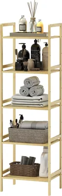 Immagine prodotto di Mensola da bagno, mensola da bagno con 5 livelli, mensola portaoggetti in bambù, mensola in piedi con ripiani regolabili per bagno, soggiorno, cucina, 43,5 x 31,5 x 142 cm, legno naturale Aosom