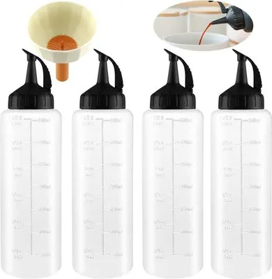 Immagine prodotto di Bottiglie per salse in plastica con scala graduata, 350 ml, 4 pezzi, trasparenti, dosabili, riutilizzabili, con tubo di lavaggio