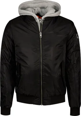 A black bomber jacket with a gray hood is shown.