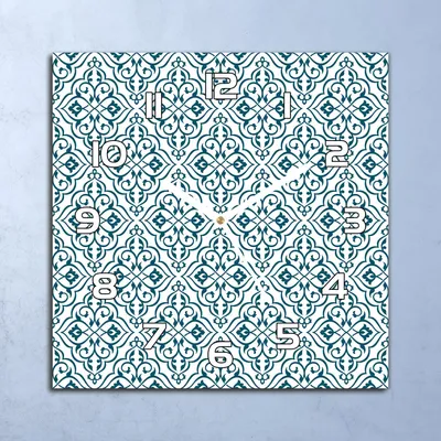 Produktbild von Deko Glasuhr Wanduhr 30x30 Blau Ornament Weiß Quarz Küchenuhr Bürouhr