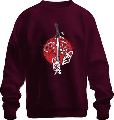 Produktbild von Katana Samurai Kitsune Maske Sakura Kirschblüten Japan Sonne Uni Sweatshirt Pullover, Burgundy, L