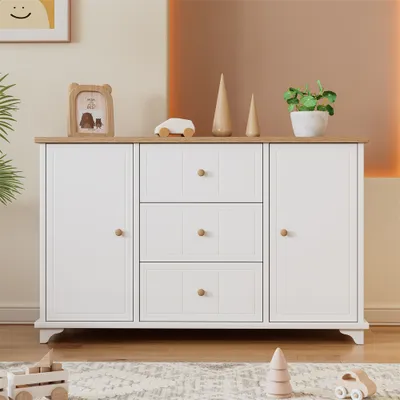 Produktbild von Sideboard Klassische Kommode, Schrank mit 3 Schubladen und 2 Türen, mit Natur Griffen, Stauraum im Wohnzimmer und Schlafzimme