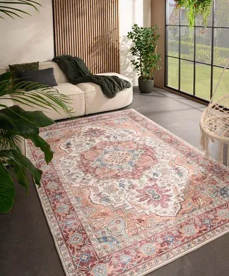 Image de Tapis d'extérieur Unyqoos® Valenca Fino Vintage – Crème/Rouge, 160 x 230 cm, motif 3D unique, lavable, pour intérieur et extérieur (balcon, terrasse, salon)
