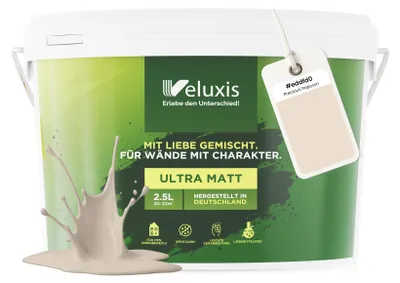 Produktbild von Wandfarbe Beige Creme Hellgrau Matt Innenfarbe – Deckkraft Klasse 1, VOC-frei, Ohne Grundierung, Tropfarm – Wohnzimmer & Schlafzimmer – 2,5L – Veluxis (Precious Popcorn)