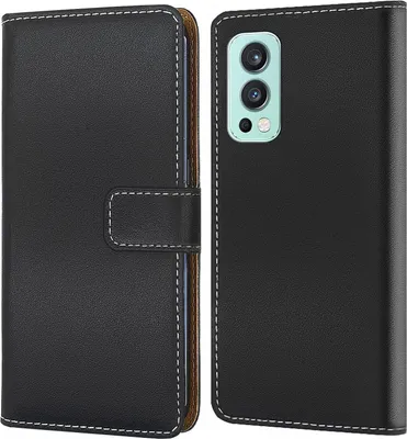 A black flip-style phone case for a OnePlus Nord 2 5G is shown from the front and back.