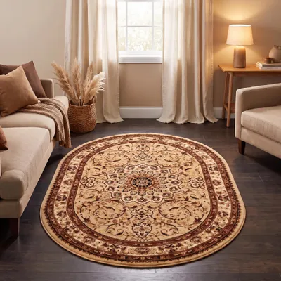 Image de Tapis Tapiso modèle ATLAS, forme ovale, style oriental, motif beige, idéal pour un salon, dimensions : 180 x 250 cm