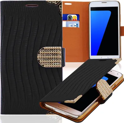 A product shot of a black book-style phone case with gold accents and a phone inside, along with a second phone case shown separately.