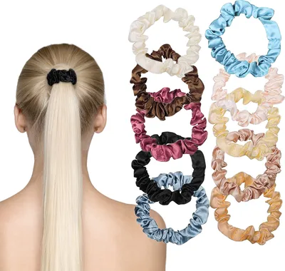 Produktbild von 10 Stück Satin-Haargummis, elastische Seidenhaarbänder, schmale Haargummis, rutschfeste Pferdeschwanzhalter-Bänder, süßer Pferdeschwanzhalter-Haarschmuck für Frauen und Mädchen (10 Farben)