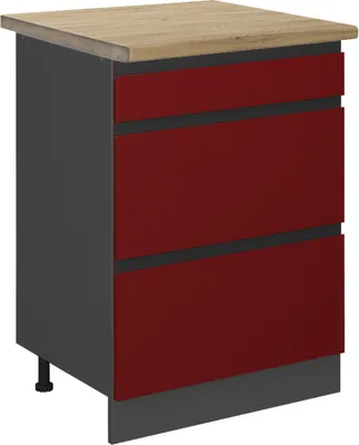Zdjęcie produktu dla Szafka dolna do kuchni Vicco R-Line Czerwony 60 cm  J-Shape z szufladami, BP Dąb, Model 45912
