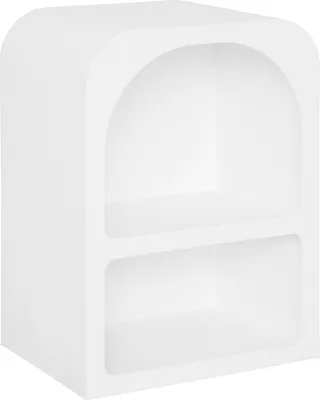 A white, modern, two-shelf storage unit with rounded edges, presented against a plain white background.