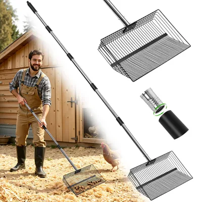 Produktbild von Eikuavons Hühnerkotschaufel, 4-in-1 Verstellbare Hühnerstall Zubehör 91-190cm, Hühner Zubehör Siebschaufel Metall, Chicken Poop Scooper zum Reinigen von Hühnerställen Ziegenställen