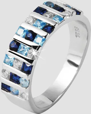 Produktbild von 925 Echt Silber Ring mit blau-weißem Zirkoniabesatz, 925/rhodiniert