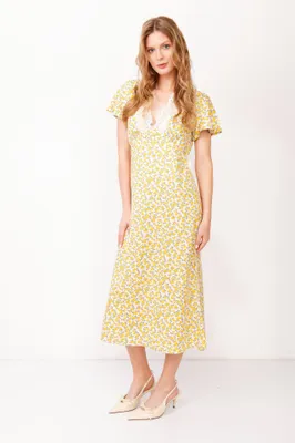 Produktbild von Sommer Gelbes Midi-Kleid aus Baumwolle und Viskose