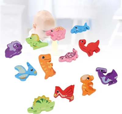 Immagine prodotto di Puzzle in legno, giocattoli, educativi, apprendimento precoce, abbinamento, impilabili con scatola contenitore, dinosauri