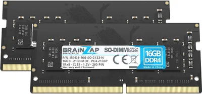 Zdjęcie produktu dla BRAINZAP 32GB (2x16GB) DDR4 2133MHz PC4-2133P SO-DIMM CL15 1Rx8 1.2V, pamięć RAM bez bufora, nieekorowana, przeznaczona do laptopów i notebooków. Moduł pamięci
