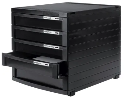 Produktbild von HAN Schubladenbox CONTUR mit 5 hohen geschlossenen Schubladen bis Format B4, inkl. Auszugsperre, inkl. Beschriftungsschildern, Gummifüße, modular erweiterbares Schubladensystem, 1505-13, schwarz