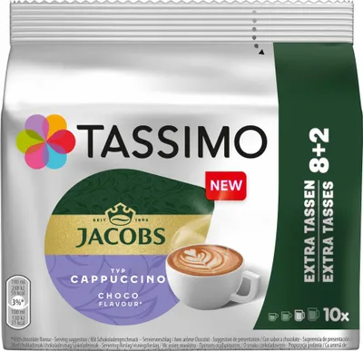 A package of Tassimo Jacobs Cappuccino Choco flavour coffee pods.