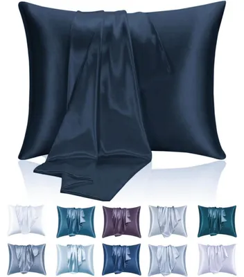 Immagine prodotto di Due federe in raso, colore blu navy, 80x80 cm, estremamente morbide per capelli e pelle