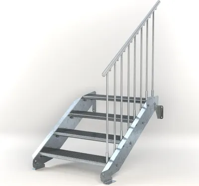 Produktbild von Stahltreppe 4 Stufen bis Höhe 84 cm, Laufbreite : 90 cm Geländer rechts ST 3 (31 / 9 mm schmal)