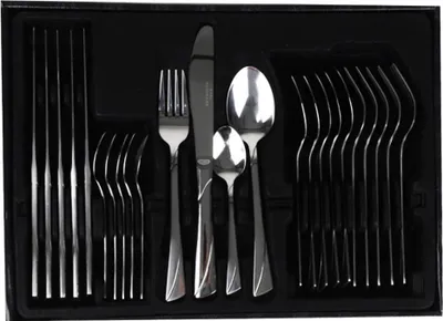 A set of cutlery laid out in a black presentation box.