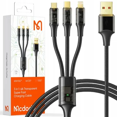 Zdjęcie produktu dla Mcdodo Kabel Usb 3w1 Szybkie Ładowanie Usb-c Lightning Micro Usb 6a 100w 1m