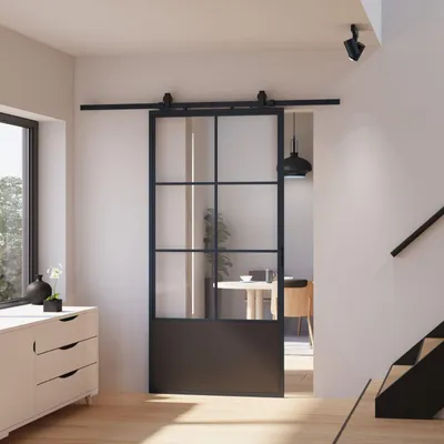 Produktbild von inova Loft-Glasschiebetür 880 x 2035 mm, 6 Felder Klarglas, Stahlrahmen Schwarz, Komplettset mit offener Laufschiene, Softclose beidseitig