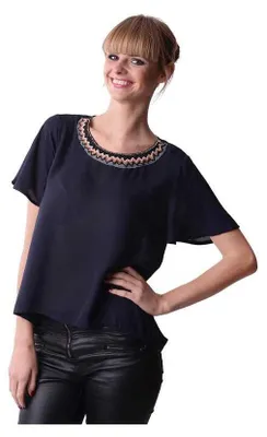 Produktbild von Damen Shirt Perlen am Ausschnitt; Dunkelblau/M/L 38/40