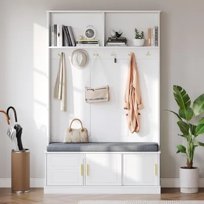 Immagine prodotto di Appendiabiti Sweiko con panca per scarpe, appendiabiti, 6 ganci tripli, autoportante, salvaspazio, per ingresso, corridoio, bianco, 120×40×191cm