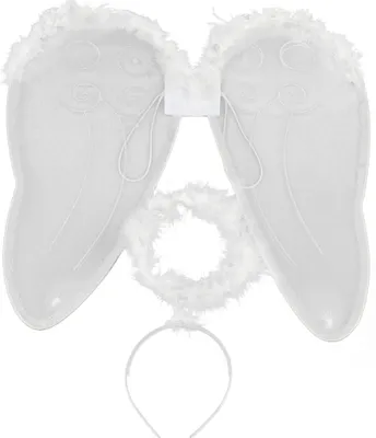 A set of white angel wings and a halo on a white background.